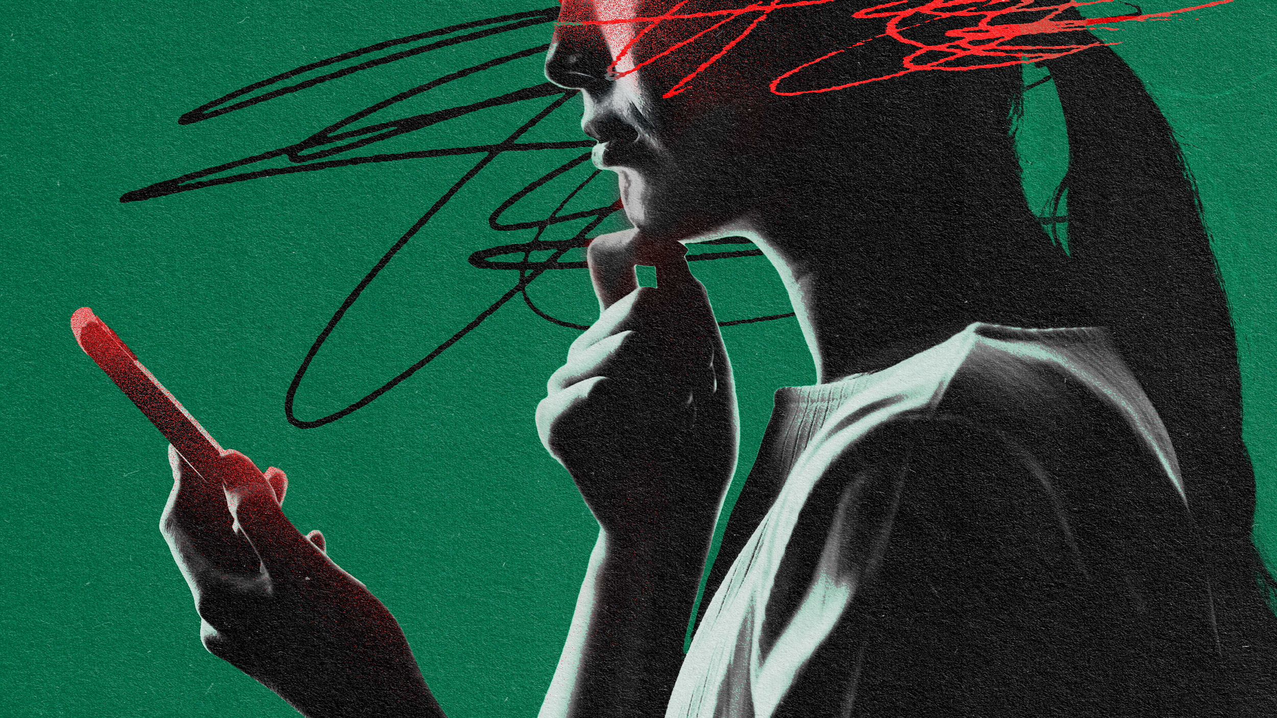 An image of a woman holding a cell phone with potential trigger warnings.