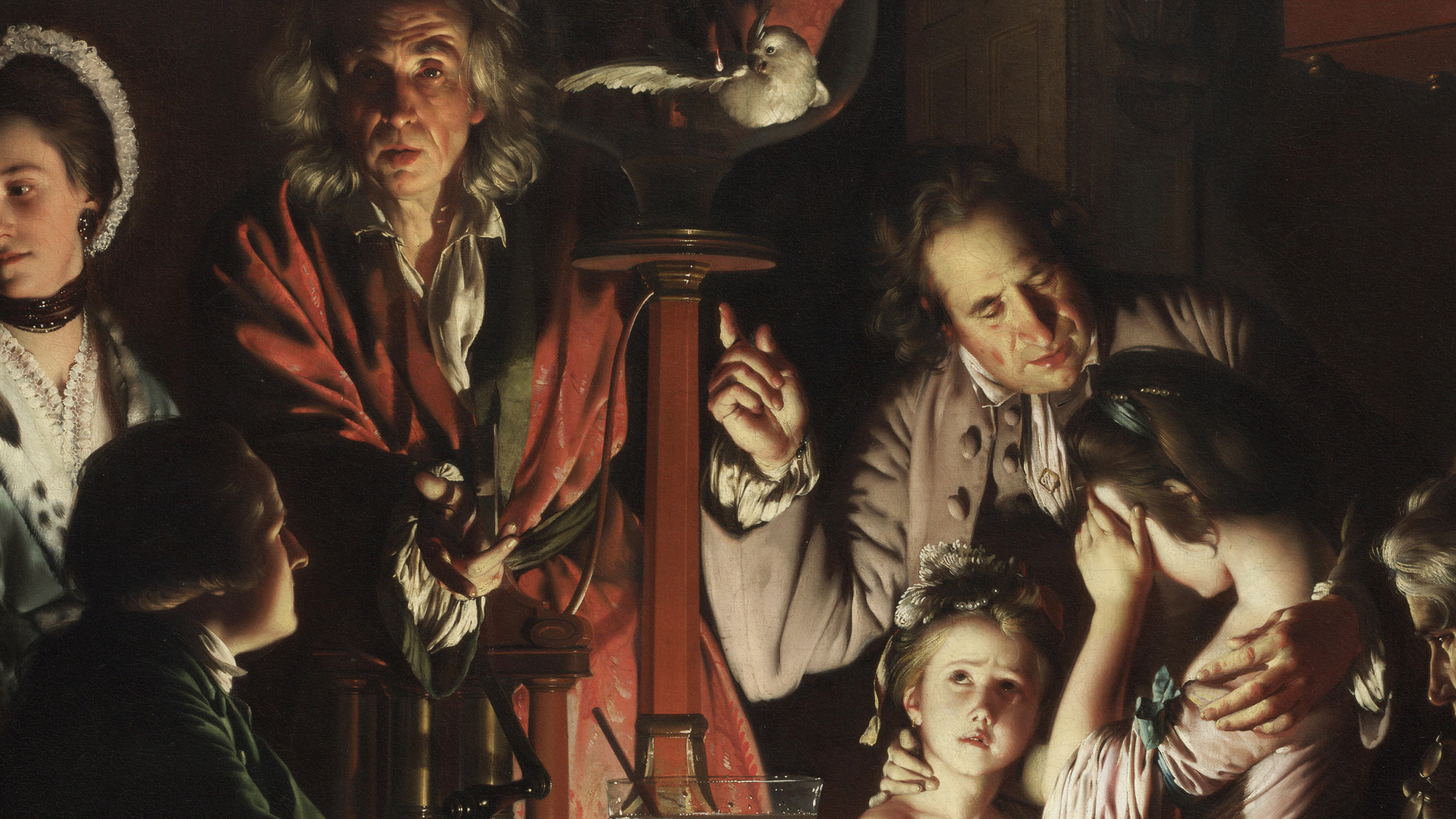 A painting of a group of people around a table with an air pump.